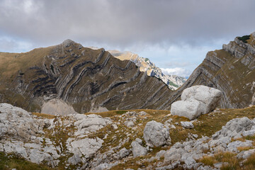 Dinaric Alps, Durmitor - highly fragmented, with grooves and other karst formations on the slopes; traces of Pleistocene glaciation; Zabljak, Montenegro, Balkans 