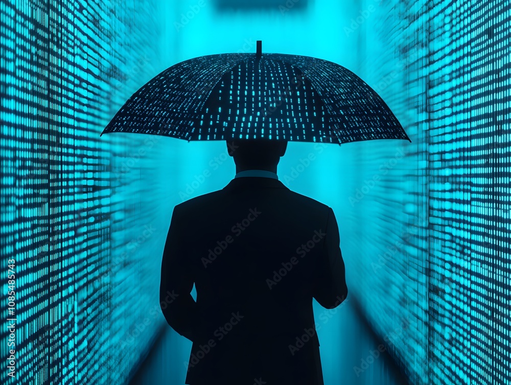Poster man holding umbrella in front of digital data streams, representing technology, protection, and inno