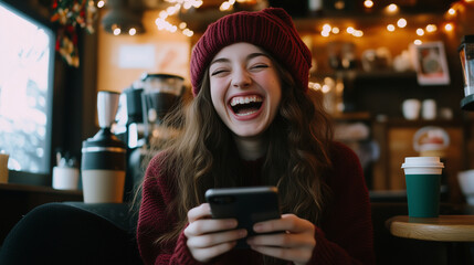 A young woman sitting in a coffee shop, holding her phone with both hands and laughing, surrounded by cozy decor and a warm coffee cup in the background.
