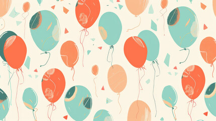 coral orange and blue balloons in the air, birthday background