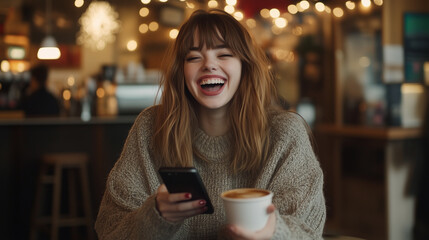 A young woman sitting in a coffee shop, holding her phone with both hands and laughing, surrounded by cozy decor and a warm coffee cup in the background.