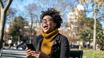 Fototapeta premium A young woman in a park, sitting on a bench, holding her smartphone and laughing out loud as she enjoys the fresh air and sunny weather.