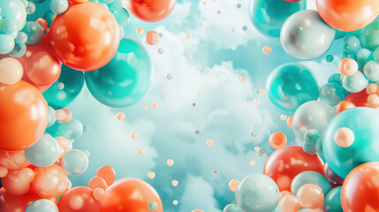 Fototapeta premium coral orange and blue balloons in the air, birthday background