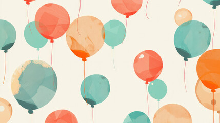 coral orange and blue balloons in the air, birthday background
