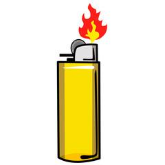 Vibrant yellow gas cigarette lighter stands upright with fire. cartoon