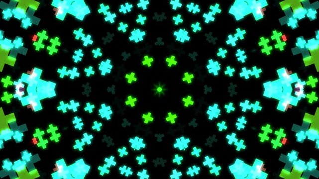 Glowing neon plus signs forming a kaleidoscope pattern