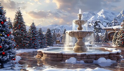 Christmas landscape with a fountain. Generative AI.