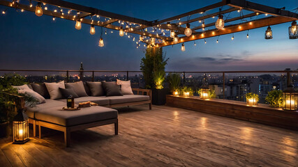 Roof terrace of a beautiful house with night-time view of the city. View over cozy outdoor terrace with outdoor string lights and lanterns