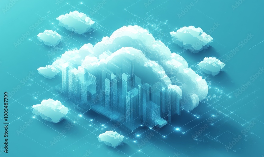 Wall mural isometric illustration depicting modern cloud technology and networking concept, representing web cl