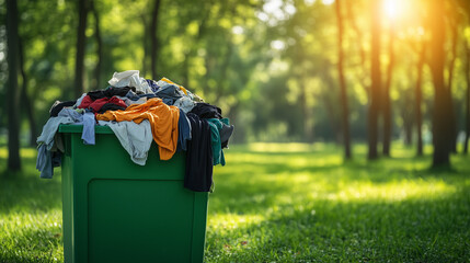 An overflowing green recycling bin with gently used garments of all colors, set in a community park, showing support for textile reuse and sustainable living.