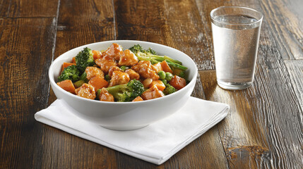 bowl of chicken and vegetable stir fry featuring broccoli, cauliflower, and carrots, served on rustic wooden table with glass of water