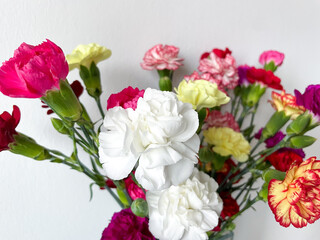 Beautiful carnation flowers bouquet with pink, red, white and yellow carnations isolated on white close up, floral wallpaper background with 
multicoloured carnations