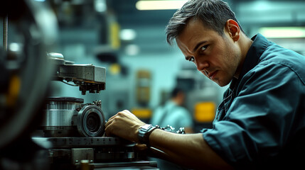 A man is intensely focused on operating a machine in a workshop setting. Concept of precision and skill in mechanical work. For promoting industrial training.