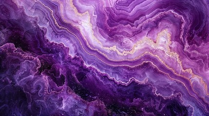 Fototapeta premium Abstract purple and gold marble texture with swirling patterns. Luxurious geode inspired design with deep violet waves and metallic encrusted veins. Modern artistic background. 8k