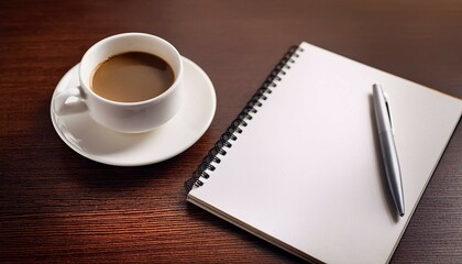 cup of coffee and notebook on wood