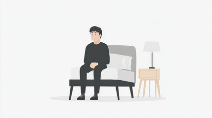 Fototapeta premium minimalist illustration of person sitting on sofa, looking contemplative. scene features lamp and side table, creating calm atmosphere