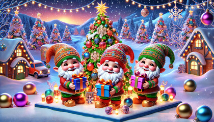 Festive Christmas Gnomes with Gifts in a Winter Wonderland
