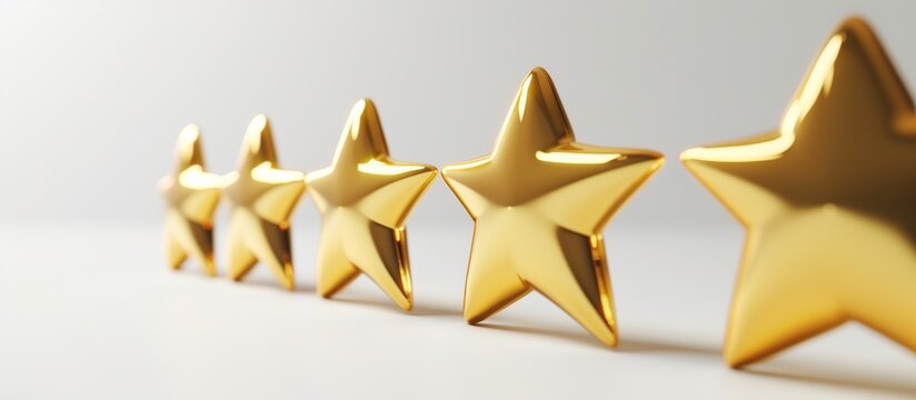 Row of 3D gold stars on white background in perspective. Premium rating system visualization with golden metallic finish showing quality review metrics. 8k panoramic banner