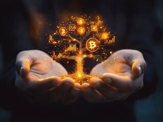 Glowing Digital Investment Portfolio Symbolized by Cupped Hands Holding Cryptocurrency Tree with Financial Charts