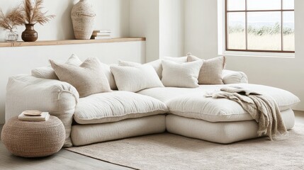 Cozy and Inviting Living Room Setting with Plush Textured Sofa, Decorative Pillows, and Natural Elements in a Bright Decorated Space