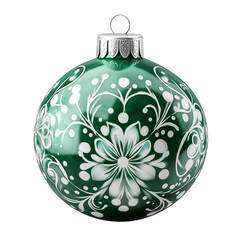 Fototapeta premium Green Christmas ornament with white floral patterns and silver top isolated on transparent background, png