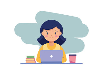 Cartoon Woman Working on Laptop: Cute Remote Work Illustration