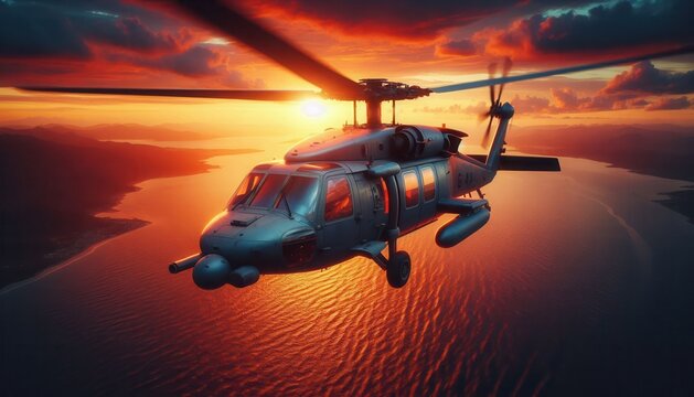 helicopter over the sea at sunset