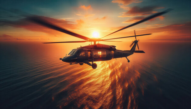helicopter over the sea at sunset