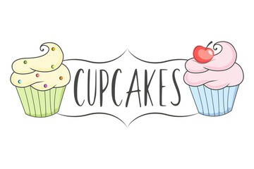 The cupcake logo. A simple hand-drawn label with cherry and vanilla cupcake. Vector template for labels, stickers.