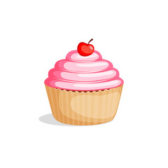 Cupcake with pink icing and cherry. 