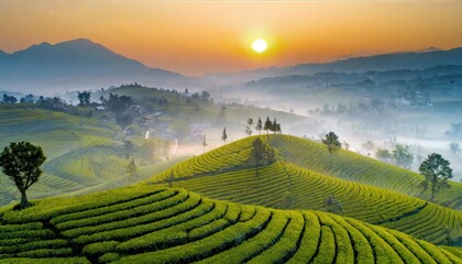 Obraz premium Terraced tea plantations at sunrise with misty hills and a peaceful atmosphere.