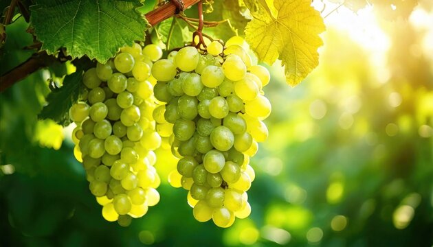 A close-up of green grape clusters hanging from a vine in bright sunlight