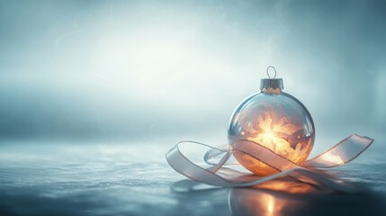 Elegant Christmas ornament with ribbon in soft lighting.