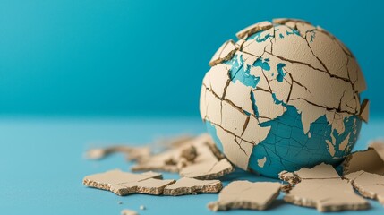 Cracked globe symbolizes disrupted global economy, broken trade links, international conflict.