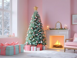 pastel colors christmas tree with gifts