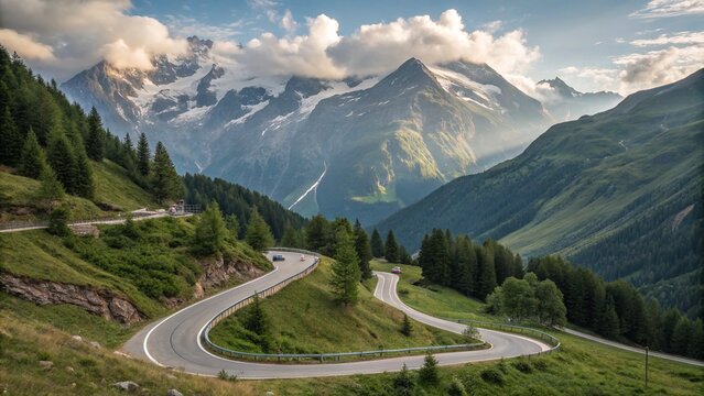 This panoramic image shows the curve of the Gross Glockner Alpine Road.