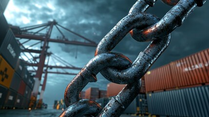 Naklejka premium Shipping dock locked with heavy chains and padlocks, showing trade blockade visual.