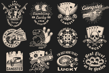 Set of bowling, gangster club and casino badge design. Vector illustration. Vintage monochrome label, sticker, patch with gangster, bowling and casino games silhouettes.