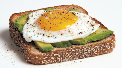 delicious slice of whole wheat toast topped with creamy avocado and perfectly fried egg, seasoned with black pepper for added flavor