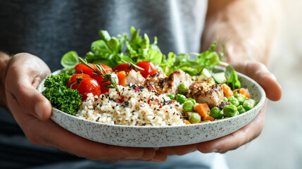 person holding plate of balanced meal featuring rice, vegetables, and grilled chicken. vibrant colors and fresh ingredients create appealing and healthy dish