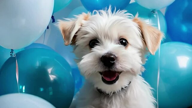 Charming puppy sits among colorful balloons, exuding joy and cuteness for birthday or party projects. Humorous photo, meme