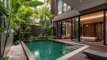 Serene Tropical Indoor Pool Surrounded by Lush Greenery and Modern Architecture, Inviting Relaxation and Tranquility in a Luxurious Setting