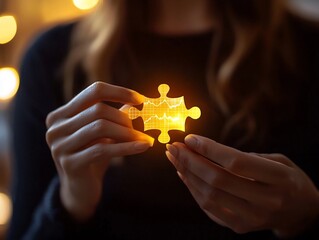 Businesswoman Holding Glowing Puzzle Piece Completing Chart Puzzle Business Investment Concept