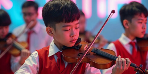 Young Asian boy playing violin in a group performance