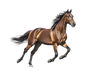 Obraz premium A majestic brown horse captured in motion, running against a clean white background. Its muscles and coat gleam vividly, highlighting its strength.