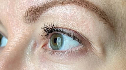 Obraz premium Close-Up of a Woman’s Eye with Natural Eyelashes and Subtle Makeup, Highlighting Beautiful Green Iris and Well-Groomed Eyebrows Under Soft Lighting