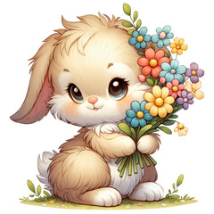 Obraz premium Cute rabbit with bouquet of flowers. Png isolated clipart on transparent background. Easter bunny ilustration for invitation, greeting cards, stickers