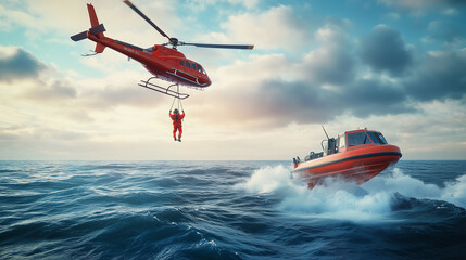Rescue boat braving stormy seas with large crashing waves under a dark cloudy sky, bright lights shining through turbulent weather. Coastal safety and emergency response concept.

