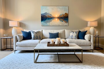 Warm and serene living room with a beige sofa, table, and painting on the wall.