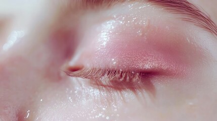 Fototapeta premium Close-up of a Woman's Eye with Soft Pink Eyeshadow and Glowing Skin, Capturing a Fresh and Natural Makeup Look for Beauty and Cosmetology Themes